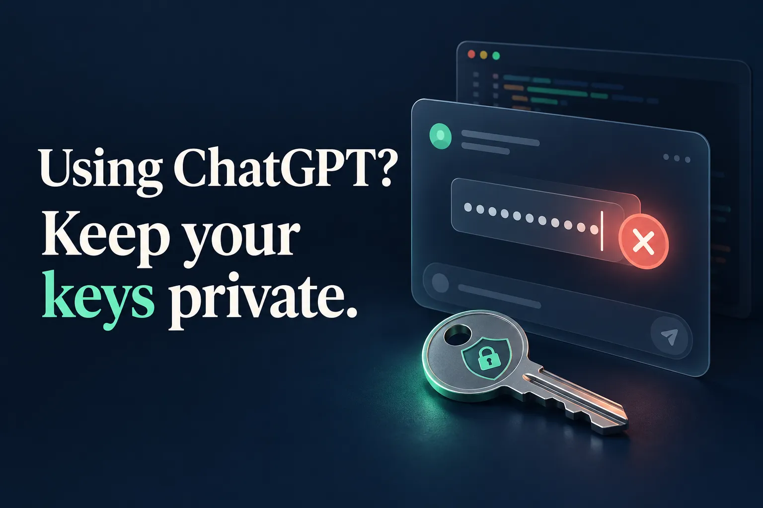 Using ChatGPT? Keep your keys private. A masked password in a chat panel with a coral warning symbol and a metal key on a dark navy background.