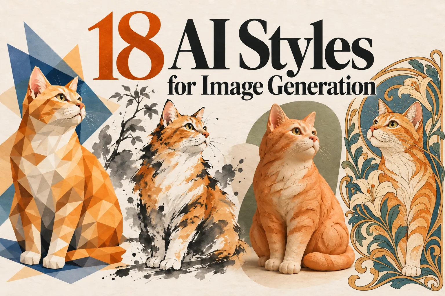 Four orange cats in low poly, ink wash, clay, and Art Nouveau styles beneath the headline 18 AI Styles for Image Generation
