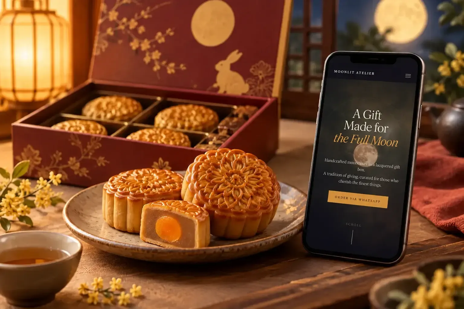 Mooncakes and a festive gift box beside a phone displaying a mooncake product page