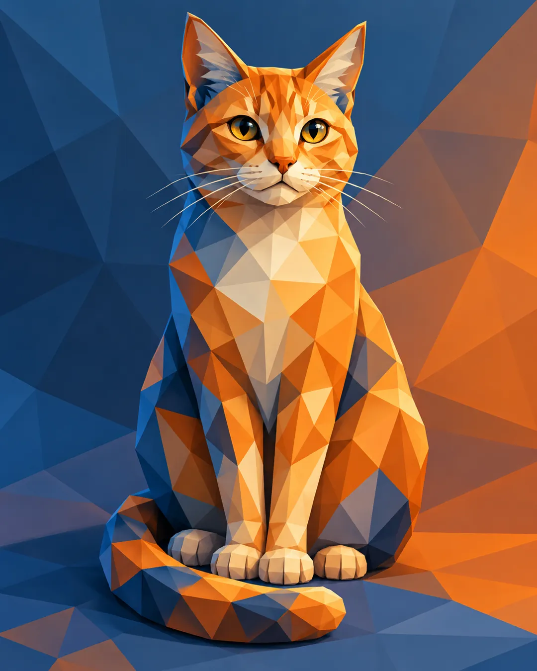 An orange cat formed from angular colour facets in low poly art