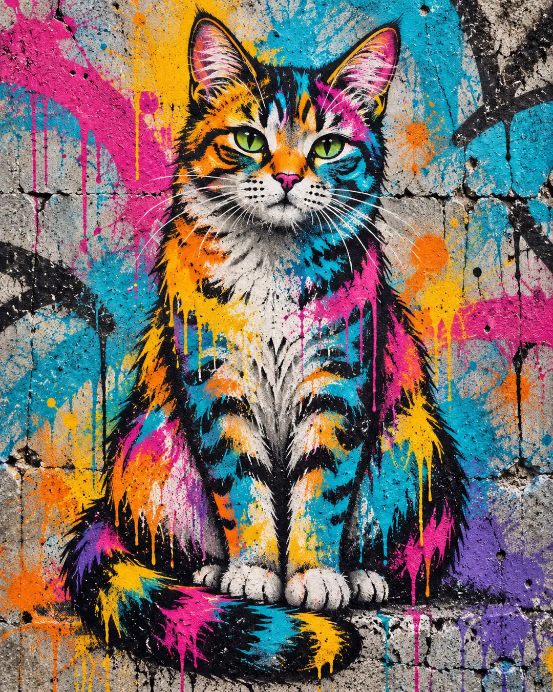 A cat depicted in colourful graffiti artwork