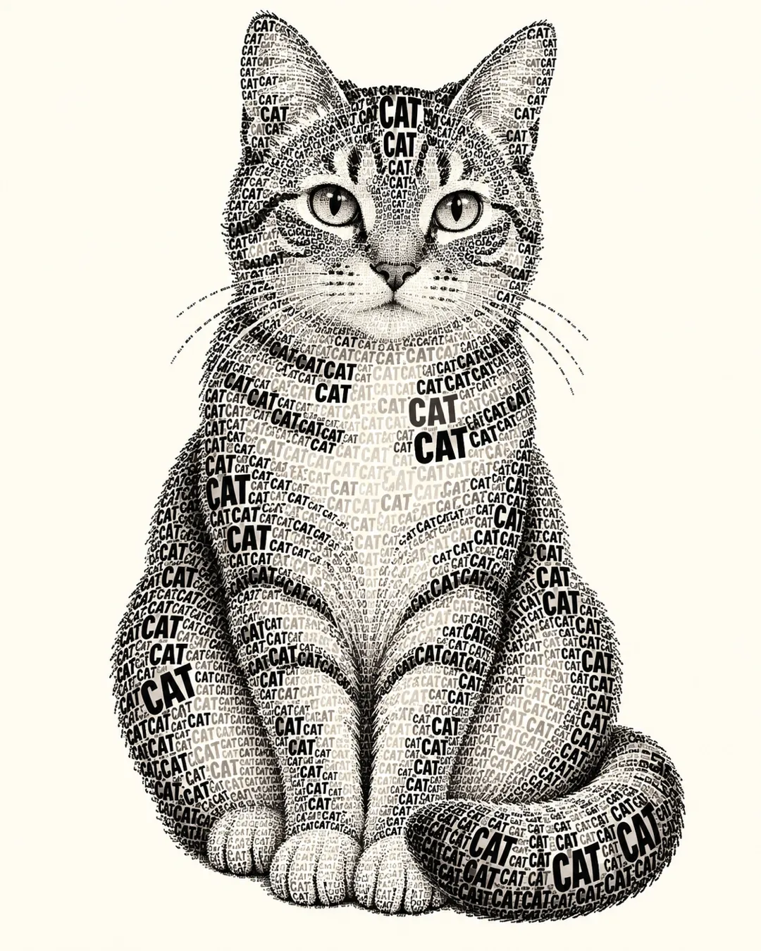 A cat image constructed with letterforms in typography art