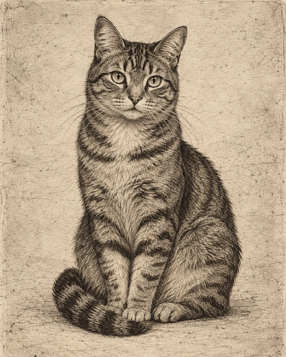 A cat depicted with fine lines in an etching-style image