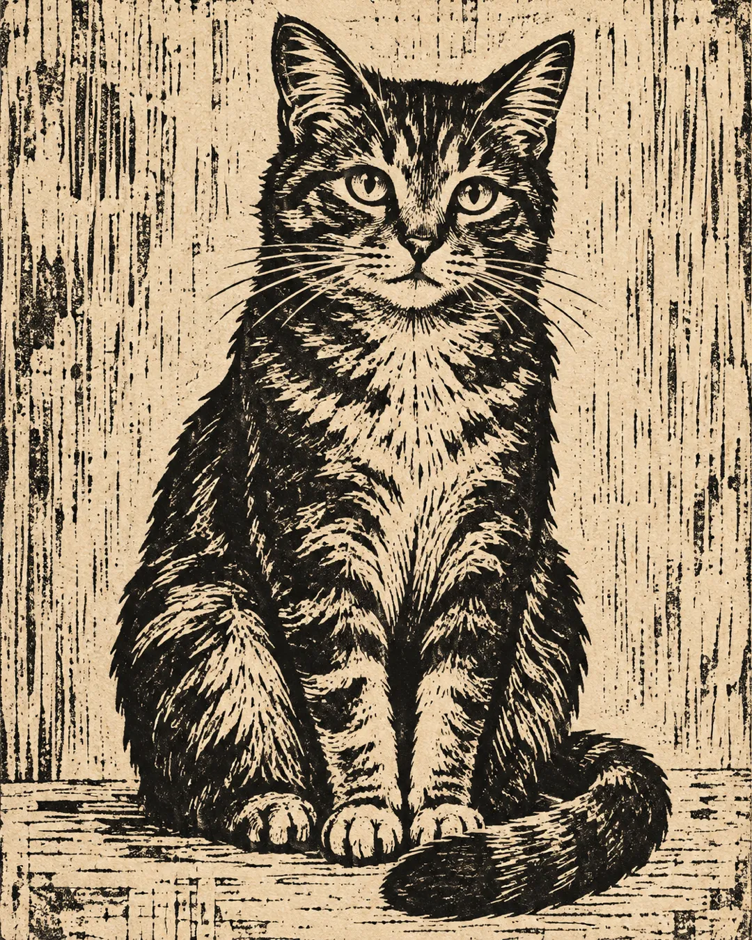 A cat depicted with bold carved marks in a woodcut-style print