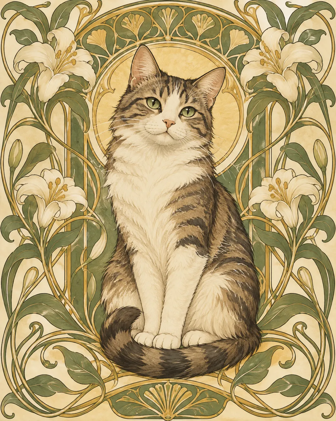 A cat depicted in decorative Art Nouveau artwork