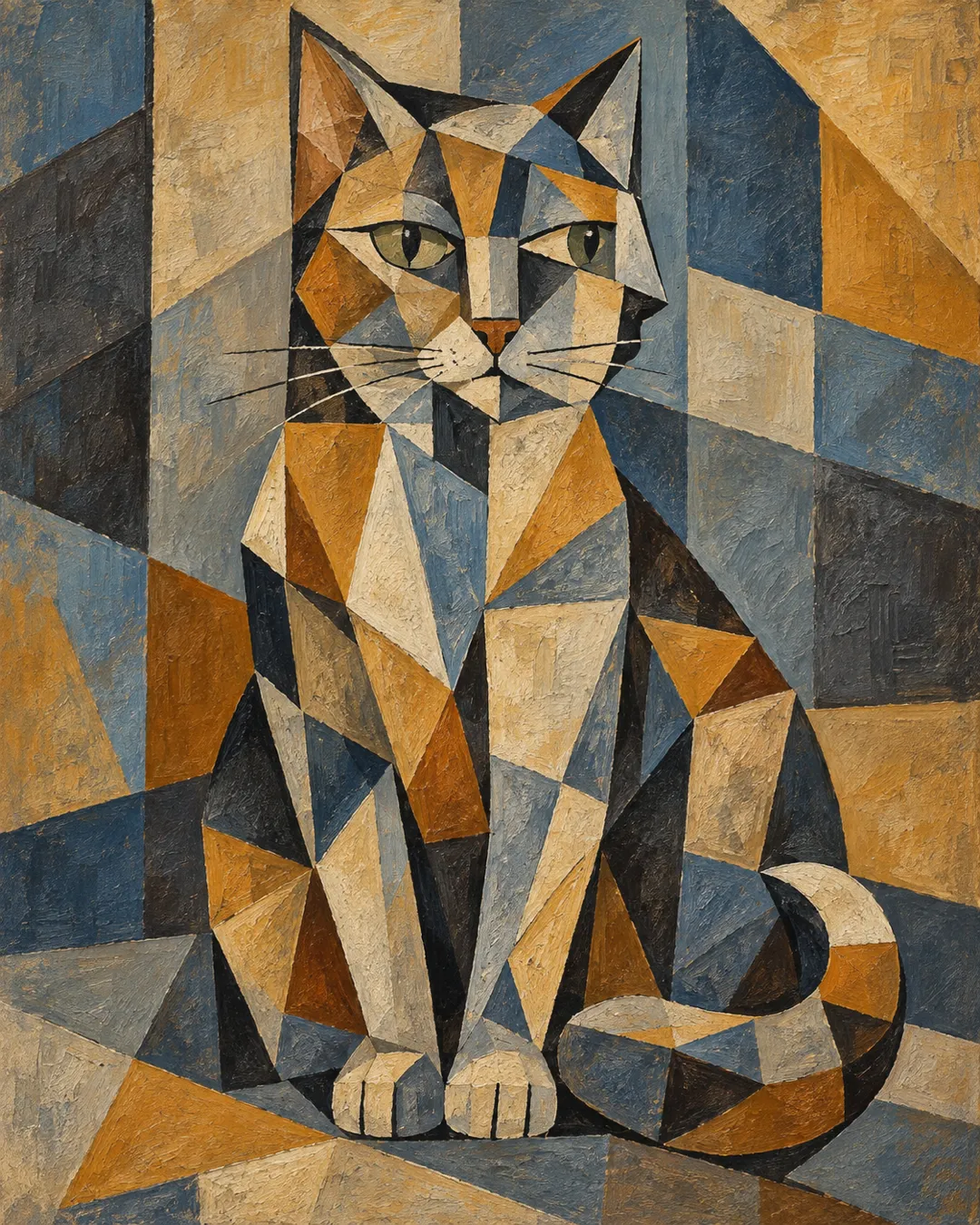 A cat depicted through fragmented geometric forms in Cubist artwork