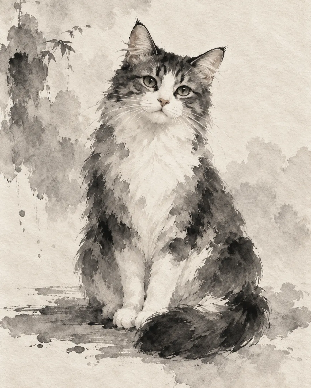 A cat depicted in an ink wash painting
