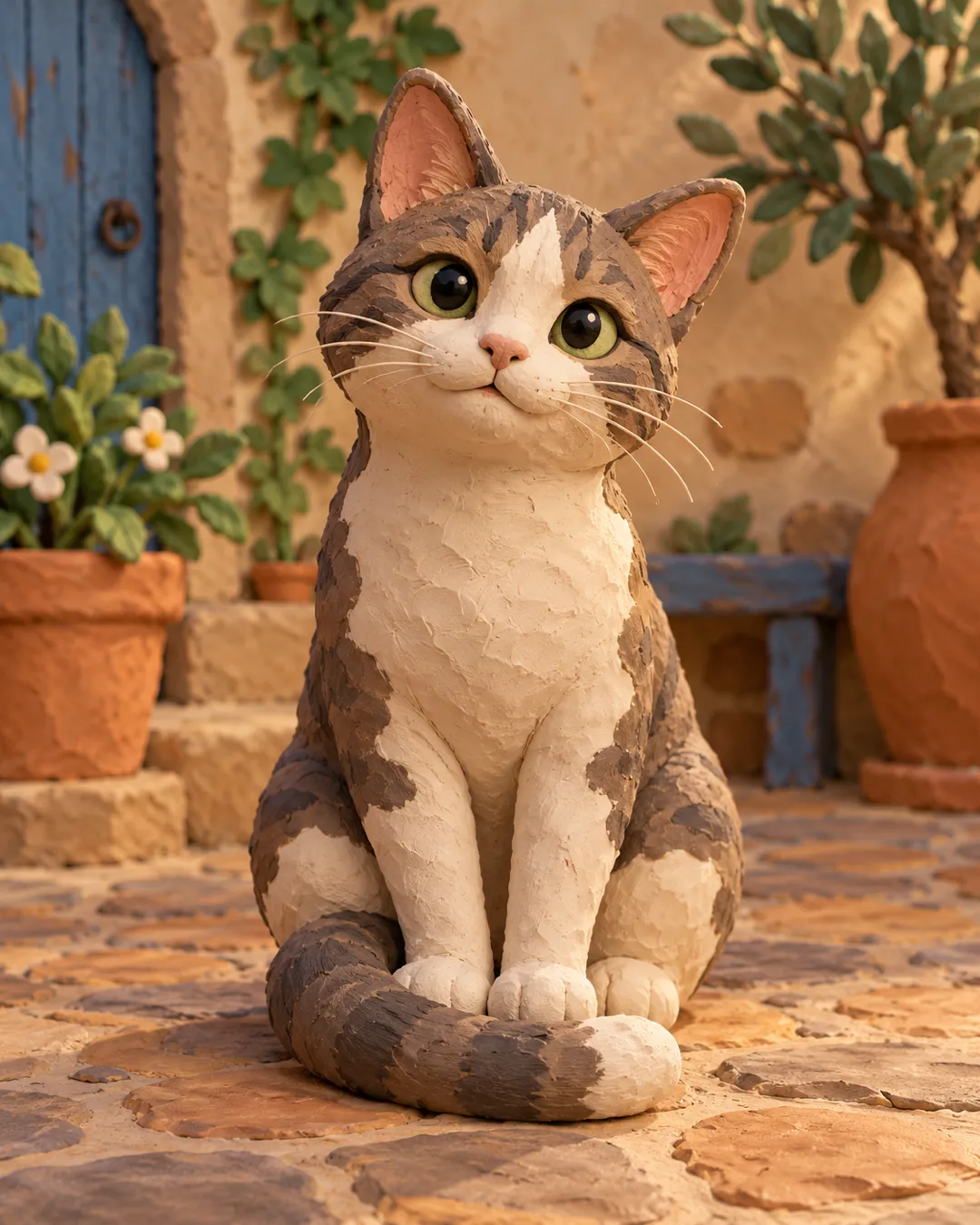 A cat depicted with a claymation-inspired appearance