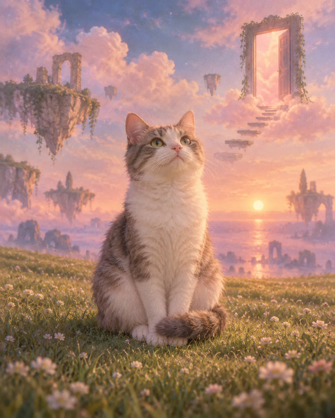 A cat in a dreamcore-inspired scene