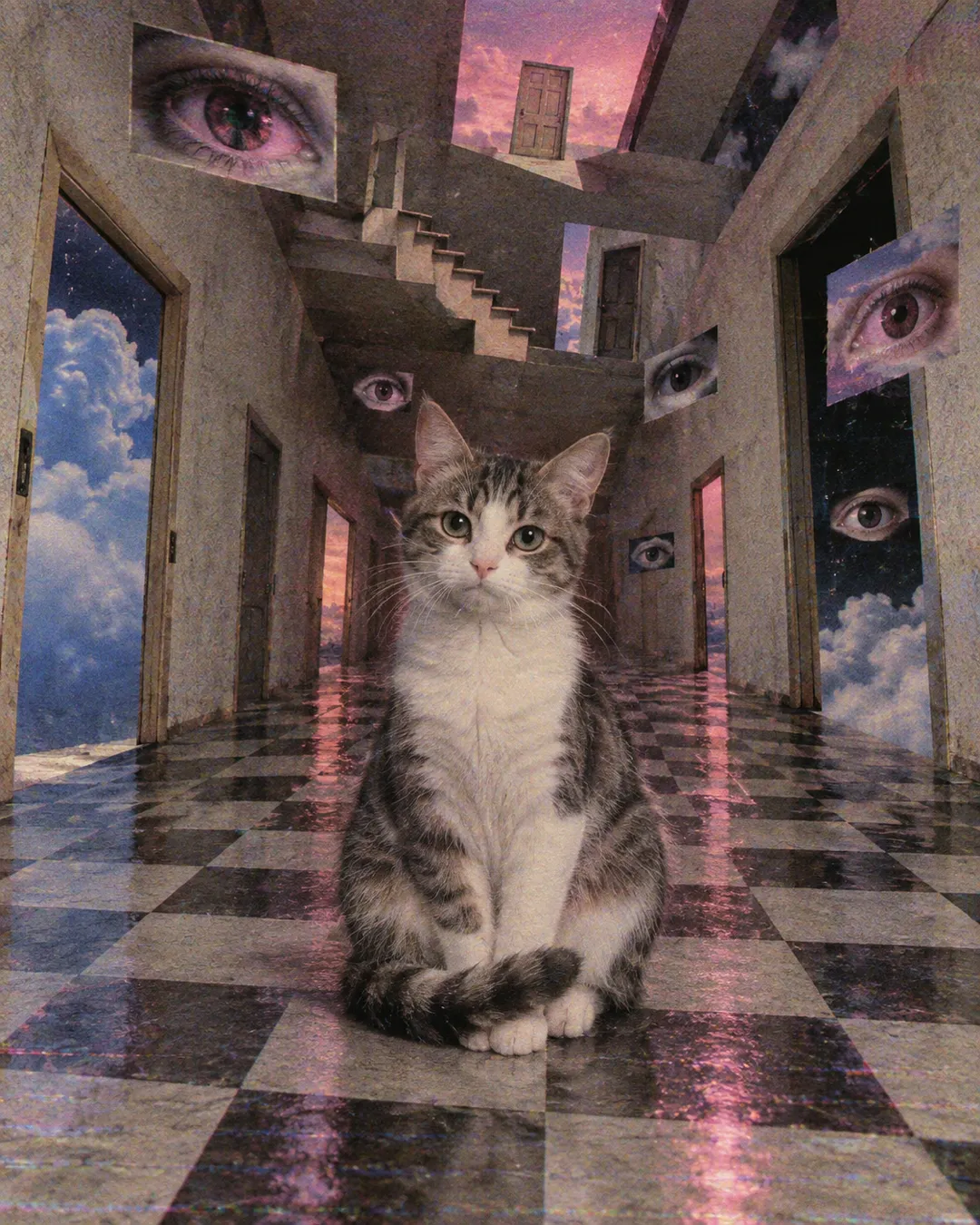 A cat in a weirdcore-inspired image