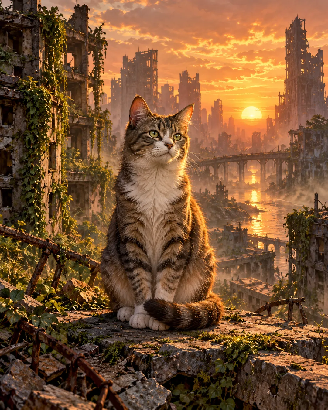 A cat in a post-apocalyptic scene