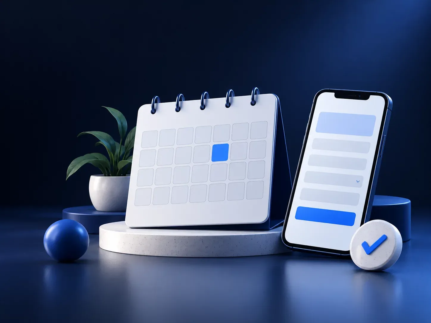 A calendar with a highlighted date beside a smartphone appointment form and a blue checkmark