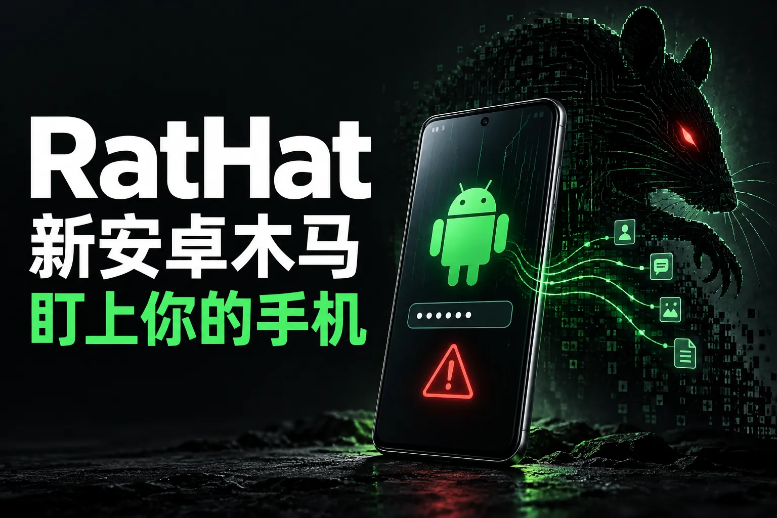 RatHat 新安卓木马，盯上你的手机：绿色安卓手机背后浮现由电路组成的老鼠暗影，屏幕显示密码框和红色警告标志。