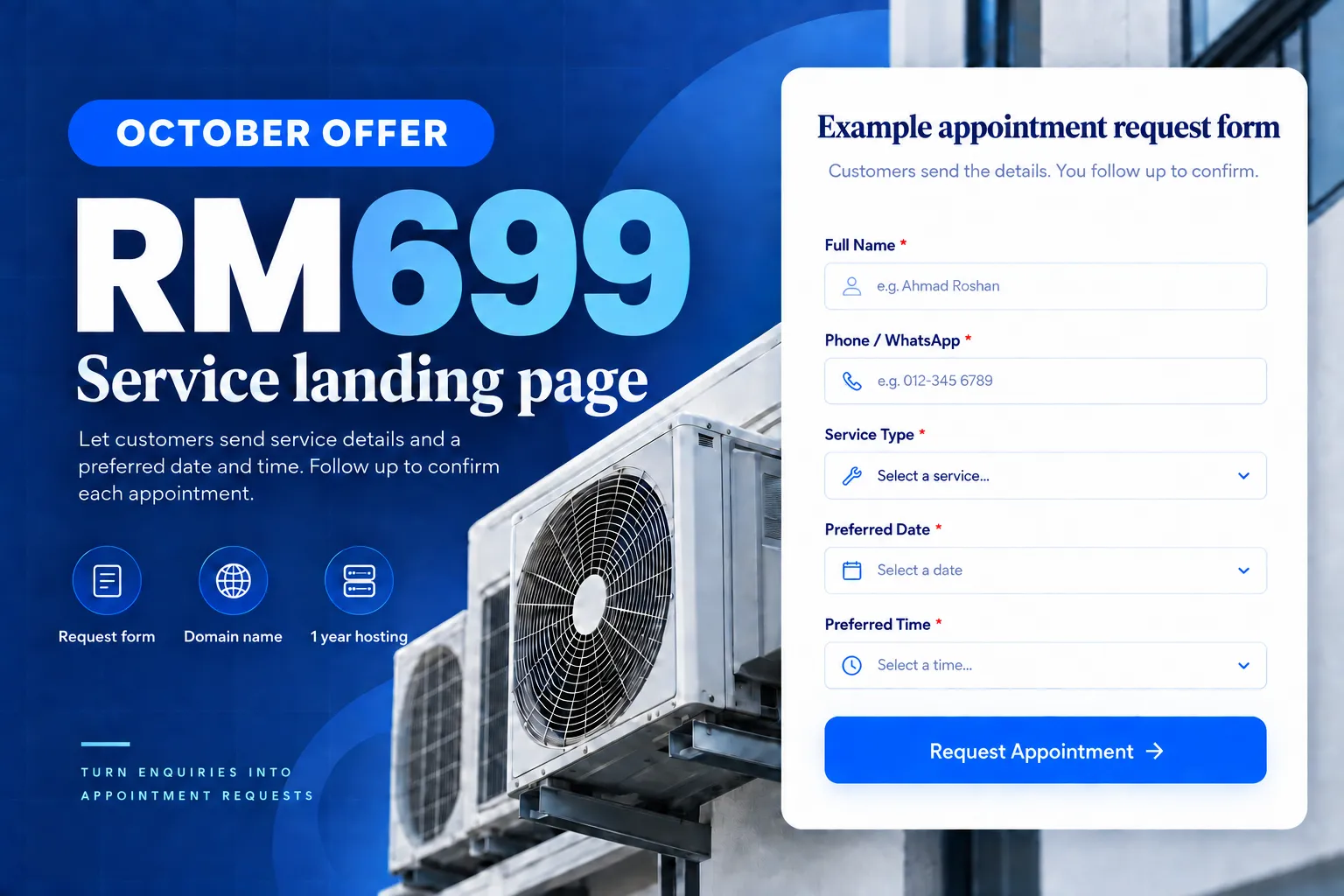 October RM699 service landing page offer beside an appointment request form and air-conditioning units