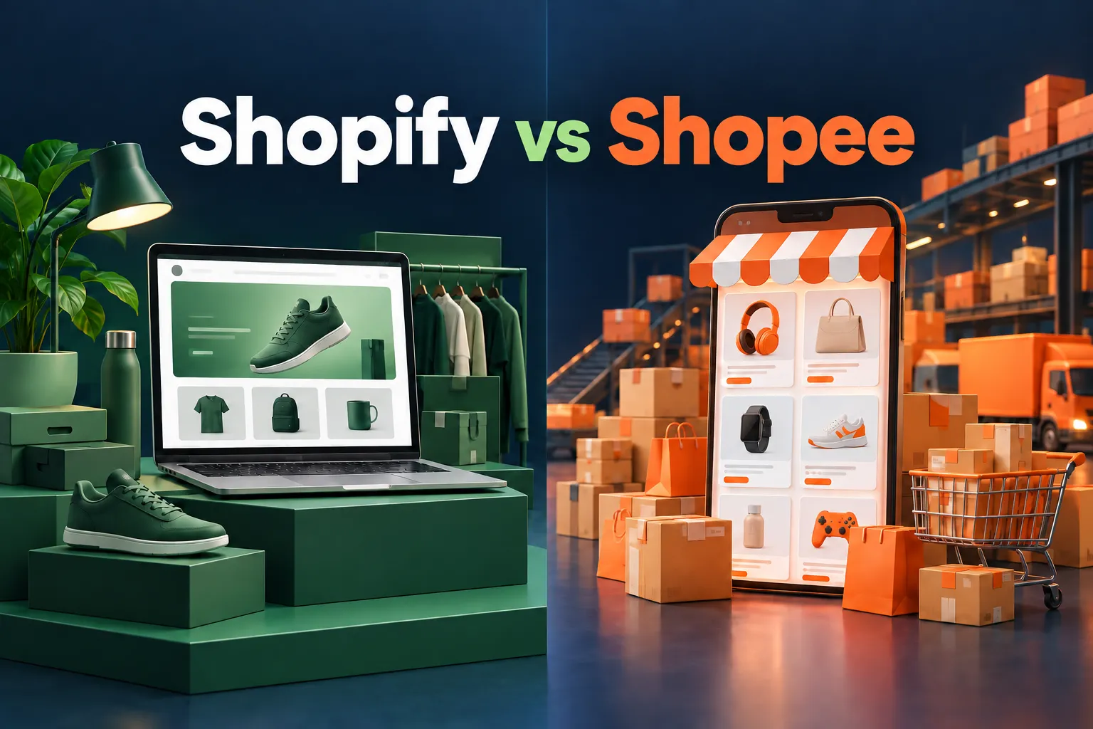 An online seller choosing between a busy marketplace and an independent branded store