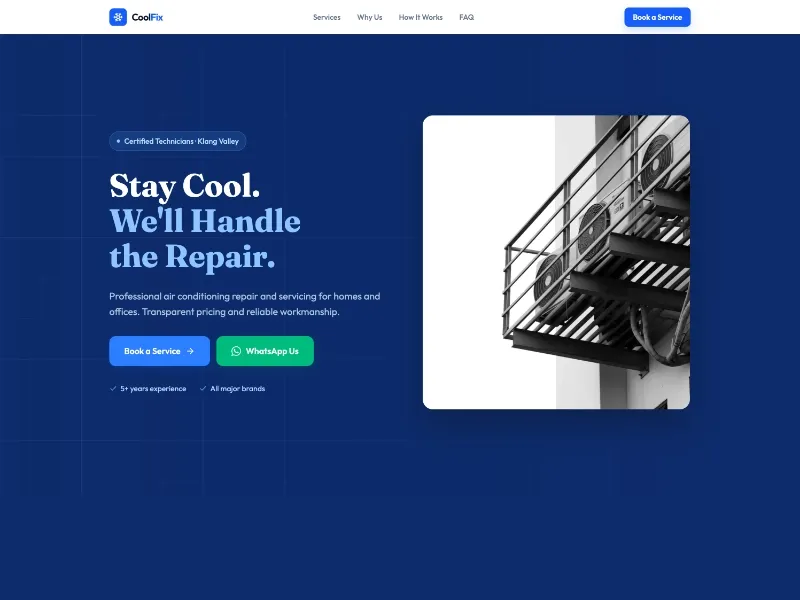 CoolFix landing page with a blue air conditioning service hero and a photo of outdoor AC units