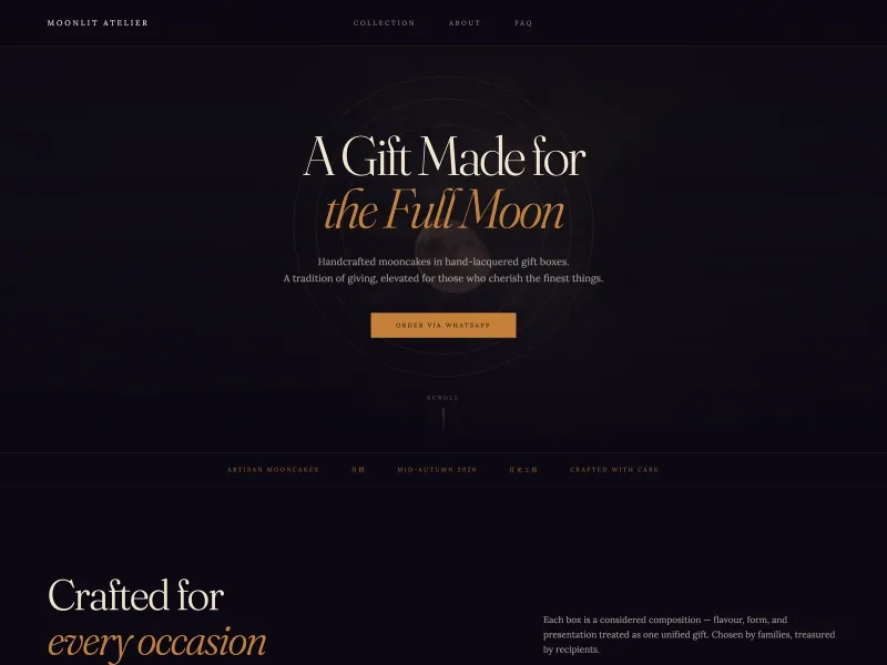 Moonlit Atelier website with a dark and gold Mid-Autumn design and the headline A Gift Made for the Full Moon