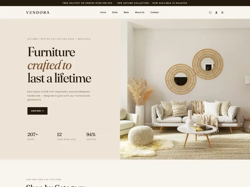Vendora furniture shop with a cream-toned storefront and a living room featuring a sofa and woven mirrors